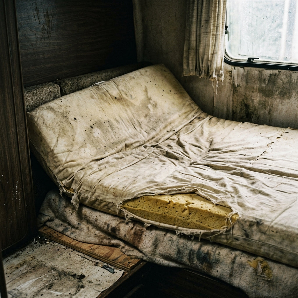 A dirty, thin factory-fitted motorhome mattress